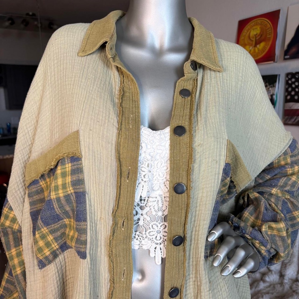 Patchwork Gauze Utility Button Down Shirt Jacket Boho Plaid Olive M